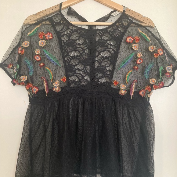 Zara Tops - Zara embroidered black sheer floral top
